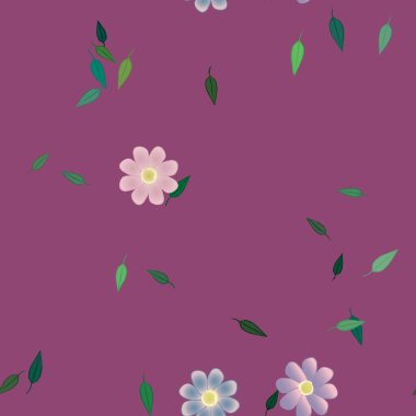 basit renkli çiçekleri olan serbest kompozisyon ve duvar kağıdı için yeşil yapraklar, vektör illüstrasyonu