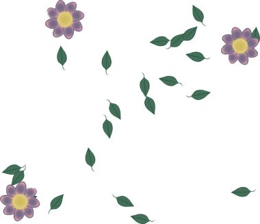 Basit renkli çiçekleri ve arka planda yeşil yaprakları olan güzel kompozisyon, vektör illüstrasyonu