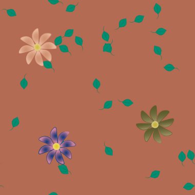 Basit renkli çiçekleri ve arka planda yeşil yaprakları olan güzel kompozisyon, vektör illüstrasyonu