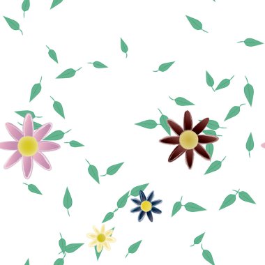 Serbest kompozisyonda yeşil yapraklı basit çiçekler, vektör illüstrasyonu
