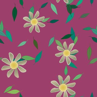 Serbest kompozisyonda yeşil yapraklı basit çiçekler, vektör illüstrasyonu