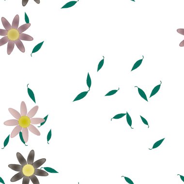 basit renkli çiçekleri olan serbest kompozisyon ve duvar kağıdı için yeşil yapraklar, vektör illüstrasyonu
