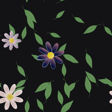 basit renkli çiçekleri olan serbest kompozisyon ve duvar kağıdı için yeşil yapraklar, vektör illüstrasyonu