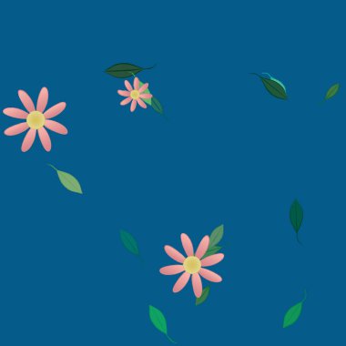 Serbest kompozisyonda yeşil yapraklı basit çiçekler, vektör illüstrasyonu