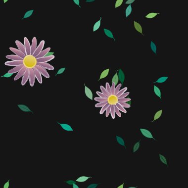 Basit renkli çiçekleri ve arka planda yeşil yaprakları olan güzel kompozisyon, vektör illüstrasyonu