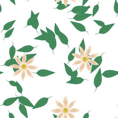 Basit renkli çiçekleri ve arka planda yeşil yaprakları olan güzel kompozisyon, vektör illüstrasyonu