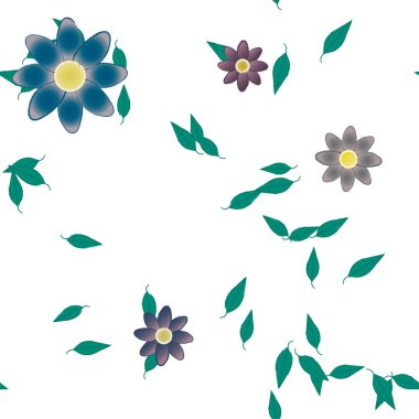 Basit renkli çiçekleri ve arka planda yeşil yaprakları olan güzel kompozisyon, vektör illüstrasyonu