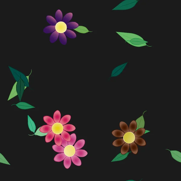 Flores Simples Con Hojas Verdes Composición Libre Ilustración Vectorial — Vector de stock