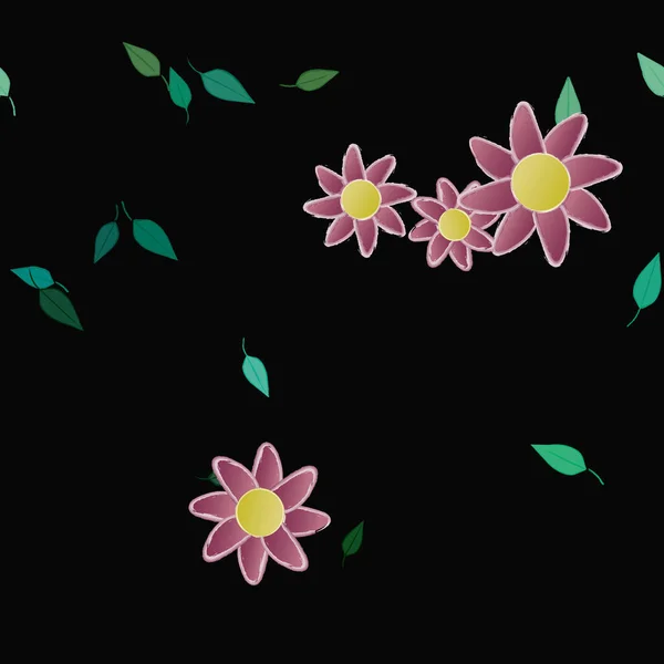 Flores Simples Con Hojas Verdes Composición Libre Ilustración Vectorial — Vector de stock