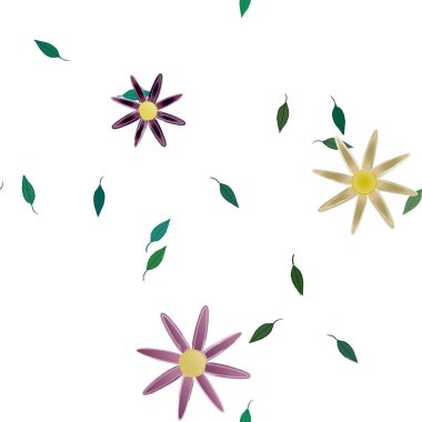 Serbest kompozisyonda yeşil yapraklı basit çiçekler, vektör illüstrasyonu