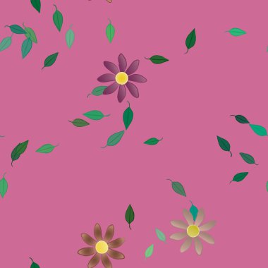 basit renkli çiçekleri olan serbest kompozisyon ve duvar kağıdı için yeşil yapraklar, vektör illüstrasyonu