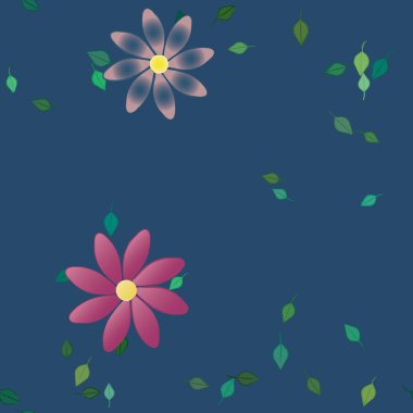 Serbest kompozisyonda yeşil yapraklı basit çiçekler, vektör illüstrasyonu