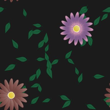 Basit renkli çiçekleri ve arka planda yeşil yaprakları olan güzel kompozisyon, vektör illüstrasyonu