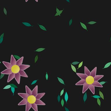 Serbest kompozisyonda yeşil yapraklı basit çiçekler, vektör illüstrasyonu