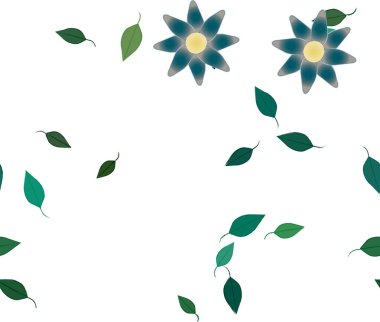 basit renkli çiçekleri olan serbest kompozisyon ve duvar kağıdı için yeşil yapraklar, vektör illüstrasyonu