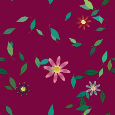 basit renkli çiçekleri olan serbest kompozisyon ve duvar kağıdı için yeşil yapraklar, vektör illüstrasyonu