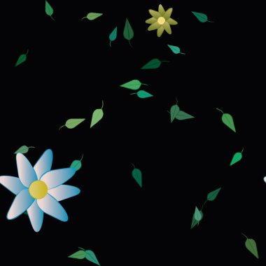 basit renkli çiçekleri olan serbest kompozisyon ve duvar kağıdı için yeşil yapraklar, vektör illüstrasyonu