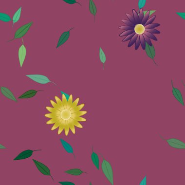 Basit çiçek ve yeşil yapraklı tasarım kompozisyonu, vektör illüstrasyonu