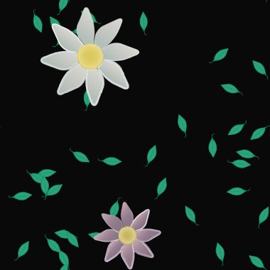 Serbest kompozisyonda yeşil yapraklı basit çiçekler, vektör illüstrasyonu