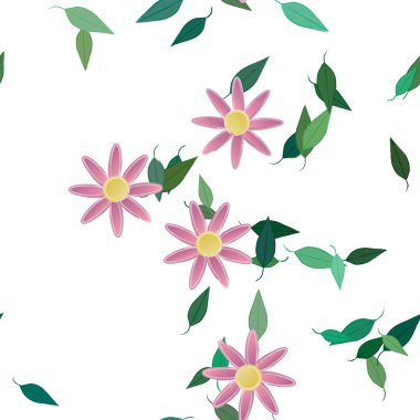 Serbest kompozisyonda yeşil yapraklı basit çiçekler, vektör illüstrasyonu