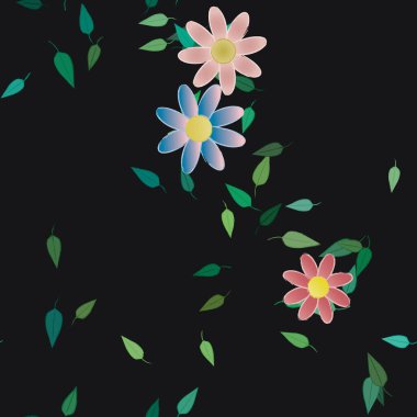 Serbest kompozisyonda yeşil yapraklı basit çiçekler, vektör illüstrasyonu