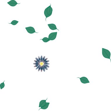 Basit renkli çiçekleri ve arka planda yeşil yaprakları olan güzel kompozisyon, vektör illüstrasyonu