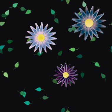 Serbest kompozisyonda yeşil yapraklı basit çiçekler, vektör illüstrasyonu