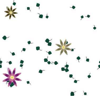 Serbest kompozisyonda yeşil yapraklı basit çiçekler, vektör illüstrasyonu