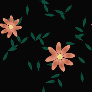 basit renkli çiçekleri olan serbest kompozisyon ve duvar kağıdı için yeşil yapraklar, vektör illüstrasyonu