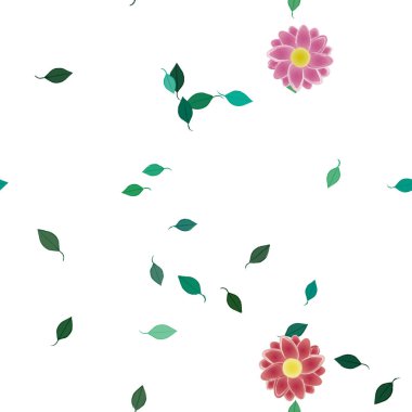 Serbest kompozisyonda yeşil yapraklı basit çiçekler, vektör illüstrasyonu