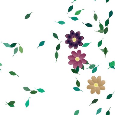 Serbest kompozisyonda yeşil yapraklı basit çiçekler, vektör illüstrasyonu