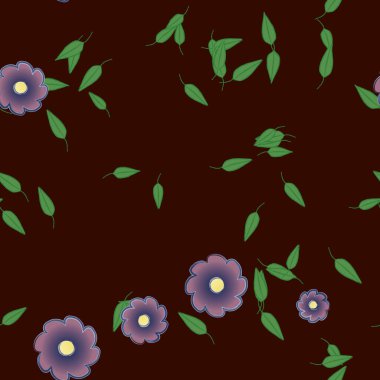 basit renkli çiçekleri olan serbest kompozisyon ve duvar kağıdı için yeşil yapraklar, vektör illüstrasyonu