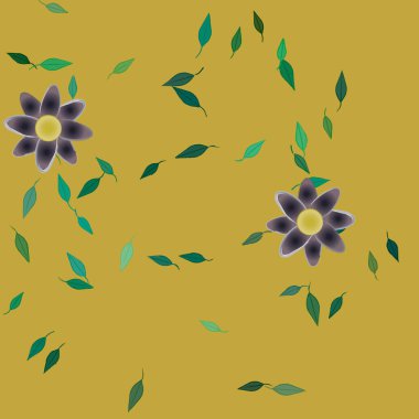 Basit renkli çiçekleri ve tek renkli arka planda yeşil yaprakları olan güzel kompozisyon, vektör illüstrasyonu