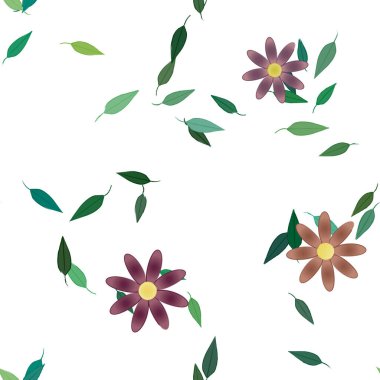 Serbest kompozisyonda yeşil yapraklı basit çiçekler, vektör illüstrasyonu