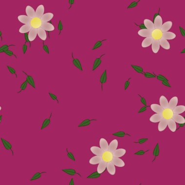 basit renkli çiçekleri olan serbest kompozisyon ve duvar kağıdı için yeşil yapraklar, vektör illüstrasyonu