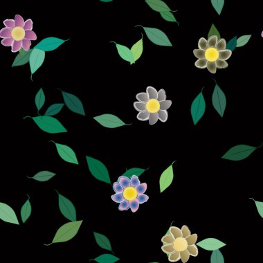 Serbest kompozisyonda yeşil yapraklı basit çiçekler, vektör illüstrasyonu