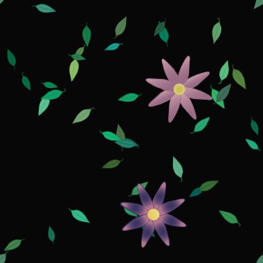 basit renkli çiçekleri olan serbest kompozisyon ve duvar kağıdı için yeşil yapraklar, vektör illüstrasyonu