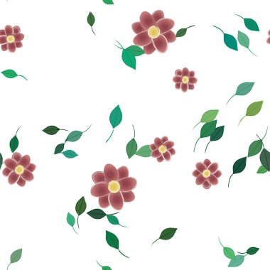 Serbest kompozisyonda yeşil yapraklı basit çiçekler, vektör illüstrasyonu