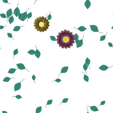 Serbest kompozisyonda yeşil yapraklı basit çiçekler, vektör illüstrasyonu