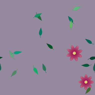 Serbest kompozisyonda yeşil yapraklı basit çiçekler, vektör illüstrasyonu