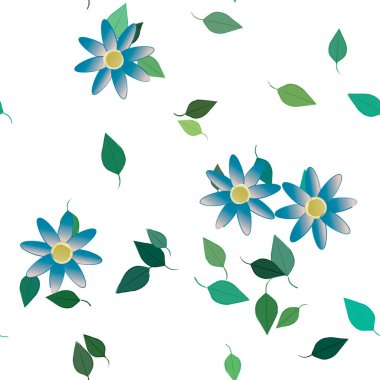 Serbest kompozisyonda yeşil yapraklı basit çiçekler, vektör illüstrasyonu