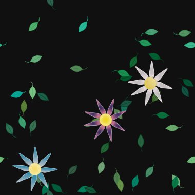 basit renkli çiçekleri olan serbest kompozisyon ve duvar kağıdı için yeşil yapraklar, vektör illüstrasyonu