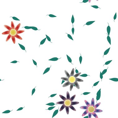 Serbest kompozisyonda yeşil yapraklı basit çiçekler, vektör illüstrasyonu