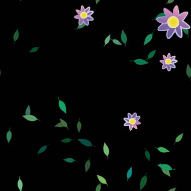 Basit renkli çiçekleri ve arka planda yeşil yaprakları olan güzel kompozisyon, vektör illüstrasyonu