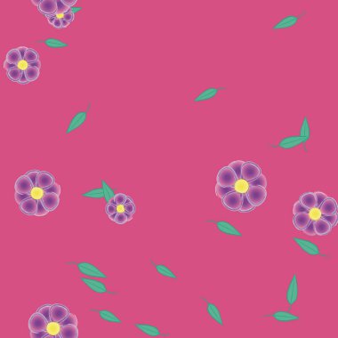 Serbest kompozisyonda yeşil yapraklı basit çiçekler, vektör illüstrasyonu