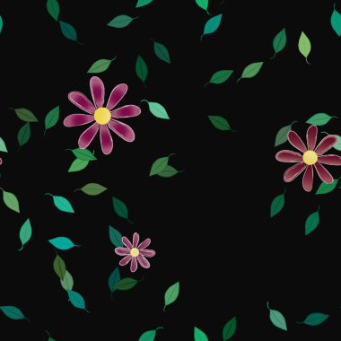 Basit renkli çiçekleri ve arka planda yeşil yaprakları olan güzel kompozisyon, vektör illüstrasyonu