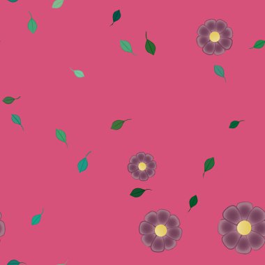 Basit renkli çiçekleri ve arka planda yeşil yaprakları olan güzel kompozisyon, vektör illüstrasyonu