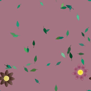 Serbest kompozisyonda yeşil yapraklı basit çiçekler, vektör illüstrasyonu