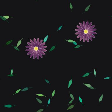 Basit renkli çiçekleri ve arka planda yeşil yaprakları olan güzel kompozisyon, vektör illüstrasyonu