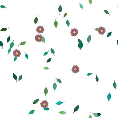 Basit renkli çiçekleri ve arka planda yeşil yaprakları olan güzel kompozisyon, vektör illüstrasyonu